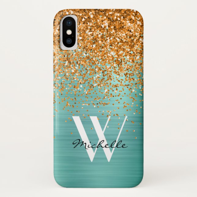 Elegant Gold Orange Teal Girly Glitter Monogram Case-Mate iPhone Case (Back)