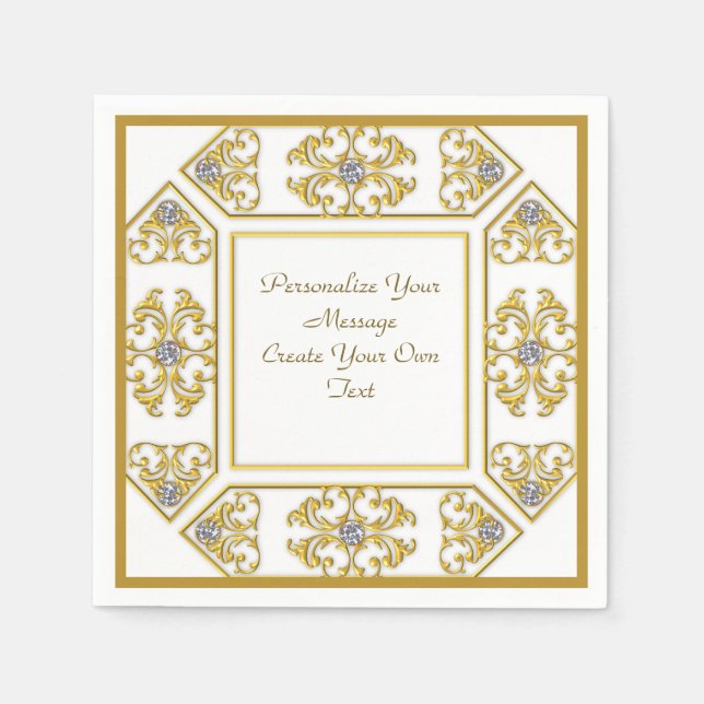 Elegant Gold Ornament Border Diamonds Personalize Napkin (Front)