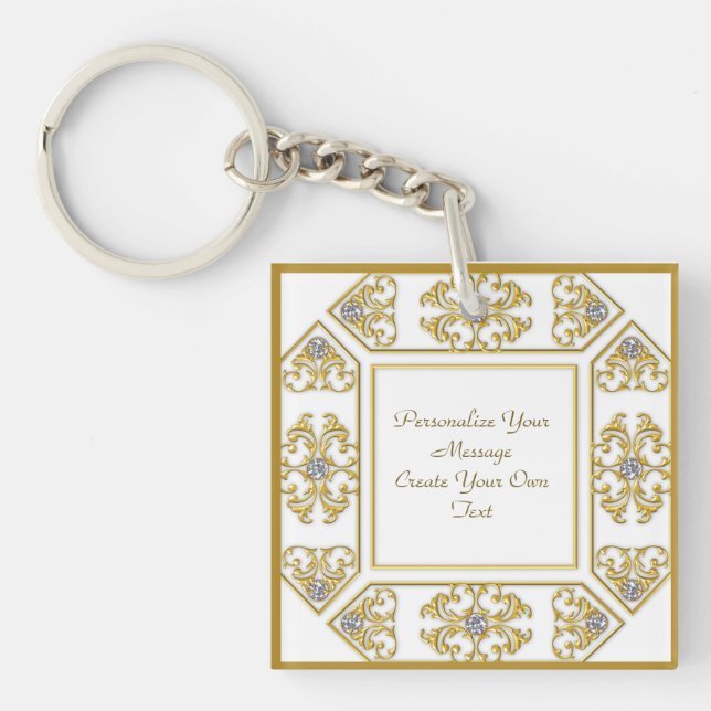 Elegant Gold Ornamental Border with Diamond Accent Keychain (Front)