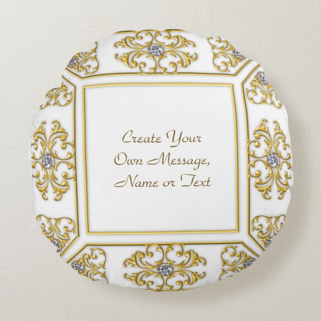 Elegant Gold Ornamental Border with Diamond Accent Round Pillow (Front)