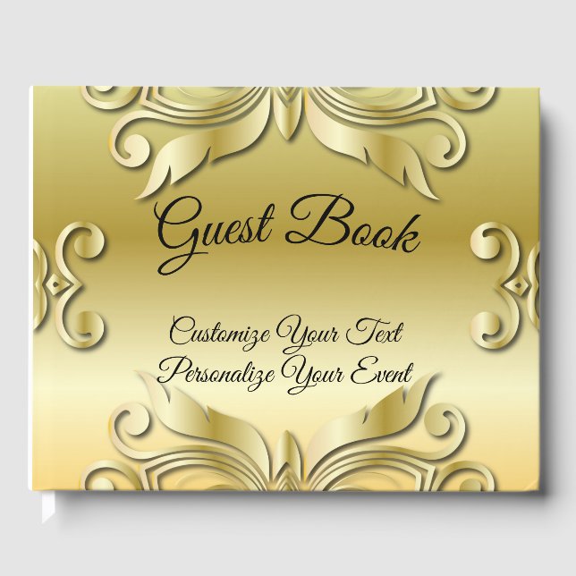 Elegant Gold Ornamental Design Black Lettering Guest Book (Front)