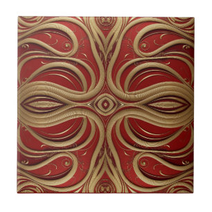 Elegant Gold Ornamental Design on Red Background Tile