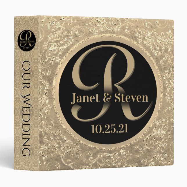 Elegant Gold Ornamental Monogram 3 Ring Binder (Front/Spine)