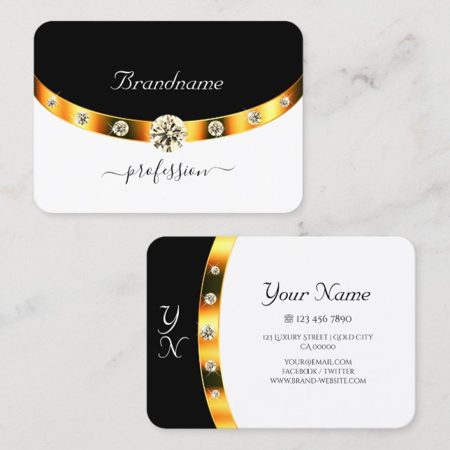 Elegant Gold Ornate Black White Monogram Diamonds Business Card (Front/Back)