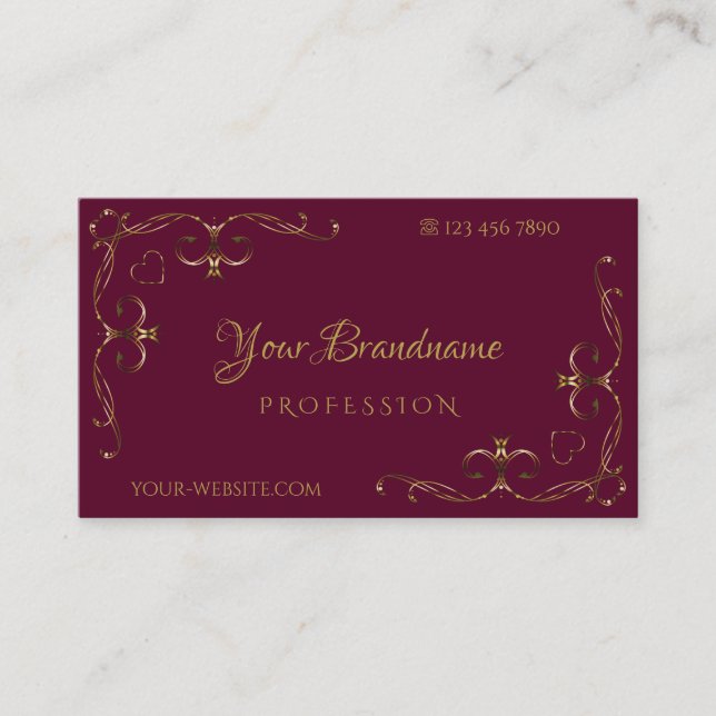 Elegant Gold Ornate Corners Burgundy Ornamental Business Card (Front)