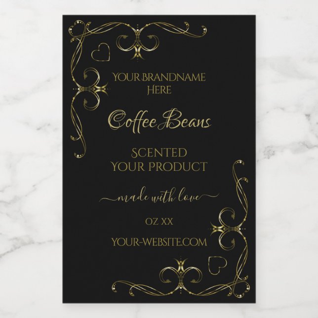 Elegant Gold Ornate Corners on Black Product Label (Single Label)