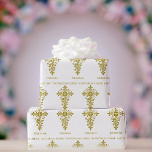 Elegant Gold Ornate Cross Baptism Wrapping Paper