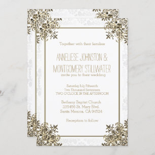 Elegant Gold Ornate Design on White Damask Invitation