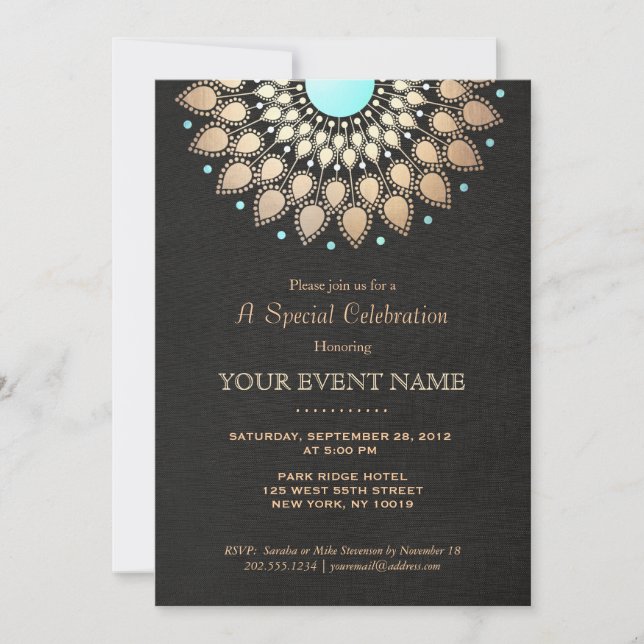 Elegant Gold Ornate Motif Black Linen Look Formal Invitation (Front)