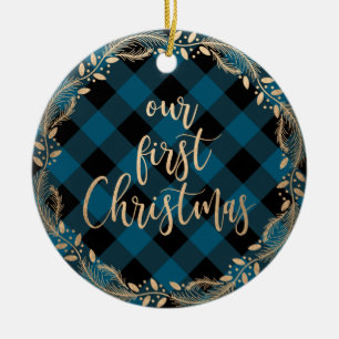 Elegant gold our first Christmas as Mr & Mrs photo Ceramic Ornament