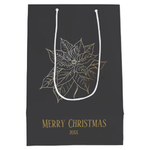 Elegant Gold Outline Poinsettia on Dark Background Medium Gift Bag
