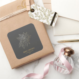 Elegant Gold Outline Poinsettia on Dark Background Square Sticker