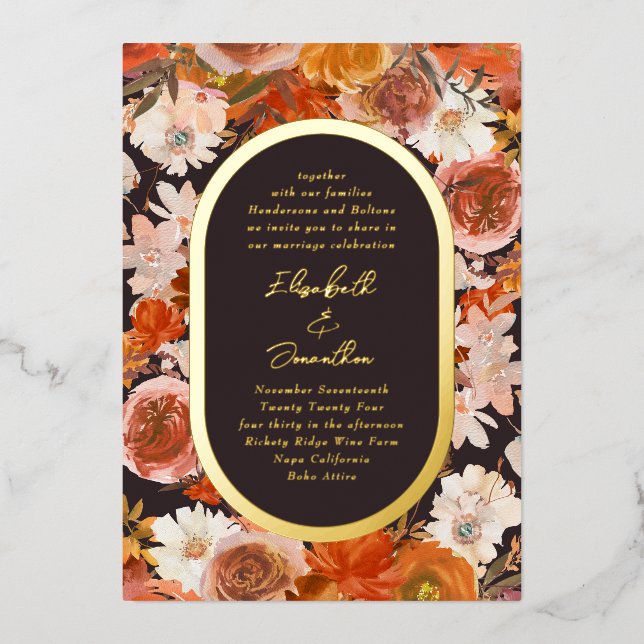 Elegant Gold Oval Frame Floral Midnight Wedding (Front)