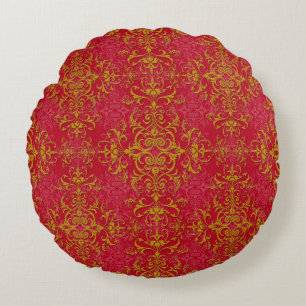 Elegant Gold over Pinkish Red Damask Pattern Round Pillow