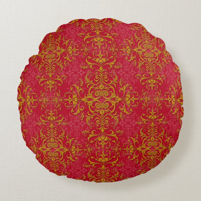 Elegant Gold over Pinkish Red Damask Pattern Round Pillow (Front)