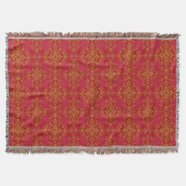Elegant Gold over Pinkish Red Damask Pattern Throw Blanket (Front)