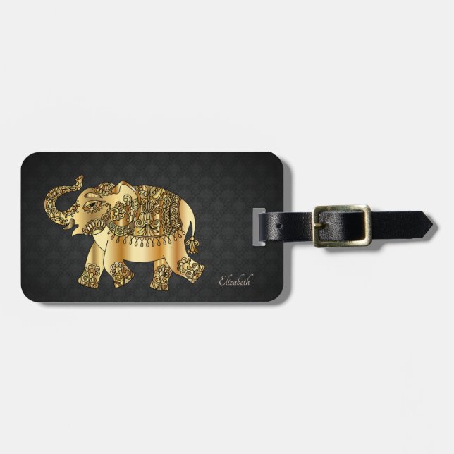 Elegant Gold Paisley Elephant,Damask-Personalized Luggage Tag (Front Horizontal)