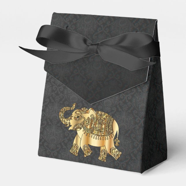 Elegant Gold Paisley Floral Elephant, Black Damask Favor Box (Front Side)