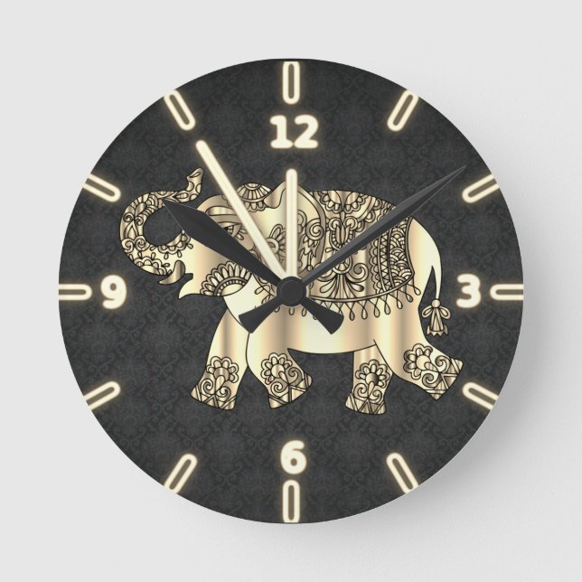 Elegant Gold Paisley Floral Elephant,Black Damask Round Clock (Front)