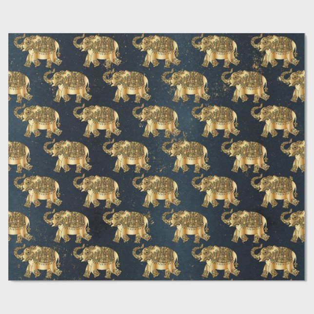 Elegant Gold Paisley Floral Elephant,Dark Blue Wrapping Paper (Flat)