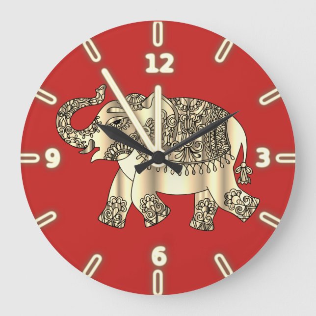 Elegant Gold Paisley Floral Elephant, Red Large Clock (Front)