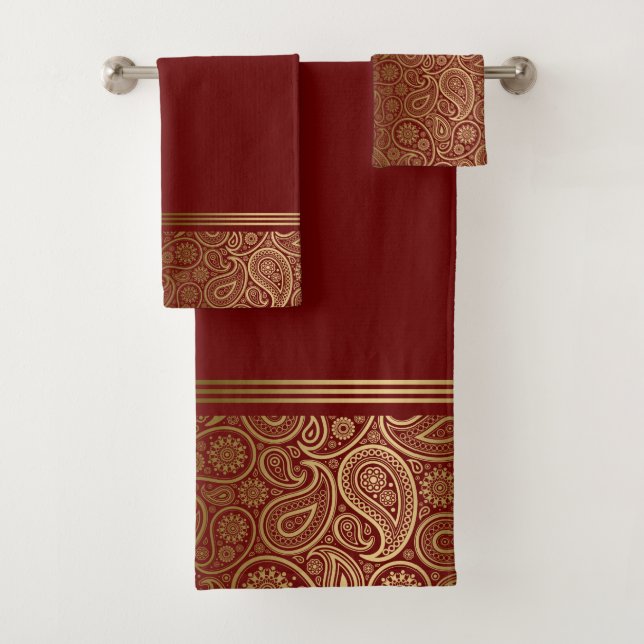 Elegant gold paisley pattern on red bath towel set (Insitu)