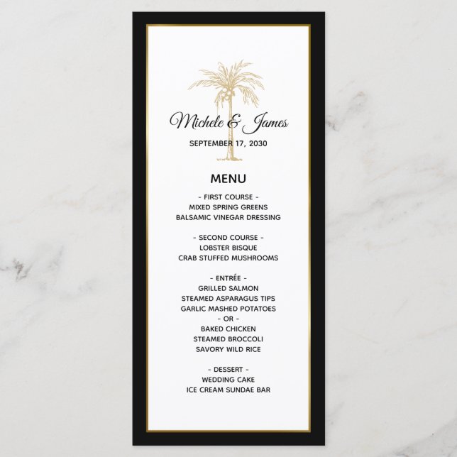Elegant Gold Palm Tree Modern Wedding Menu (Front)