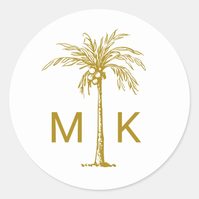 Elegant Gold Palm Tree Monogram Tropical Classic Round Sticker (Front)