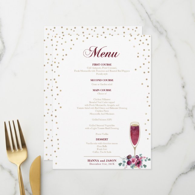 Elegant Gold parties scintillant bordeaux menu Fle (Devant/Arrière en situation)