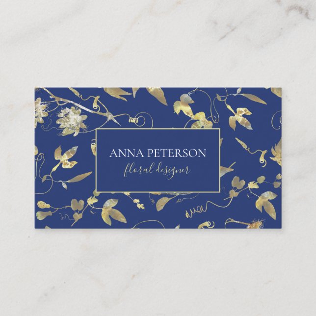 Elegant Gold Passiflora Vine on Blue Business Card (Front)