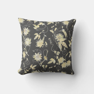 Elegant Gold Passion Flowers Pattern on Dark Grey Throw Pillow