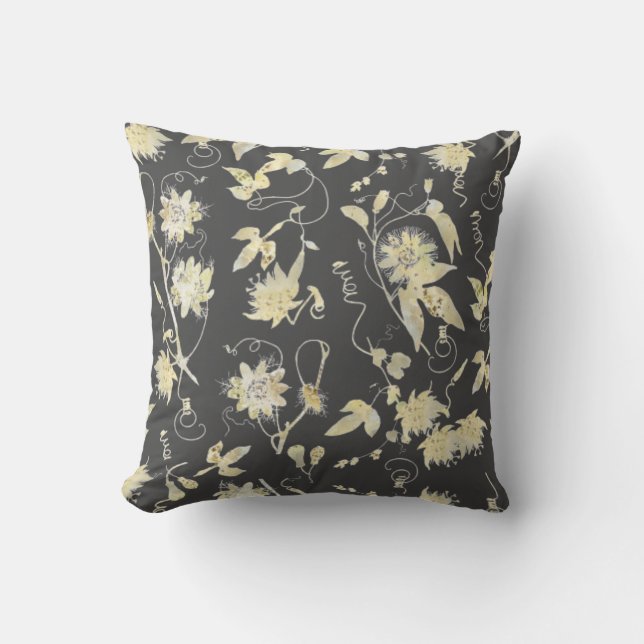 Elegant Gold Passion Flowers Pattern on Dark Grey Throw Pillow (Front)