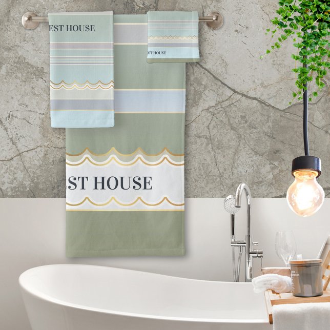 Elegant Gold Pastel Beach House Bath Towel Set (A beautiful striped bathroom towel set in pastel green blue and grey beach colors with gold waves)