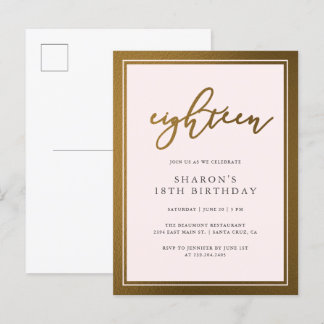 Elegant Gold & Pastel Pink 18th Birthday Party Invitation Postcard