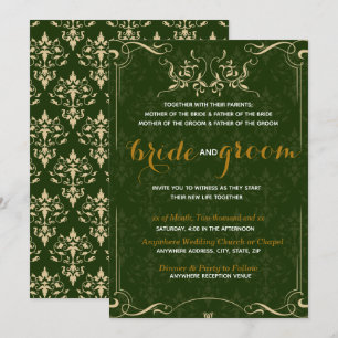 Elegant Gold Pattern in Emerald BG Wedding Invitation