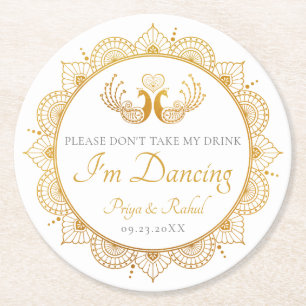 Elegant Gold Pattern Indian Wedding Round Paper Coaster