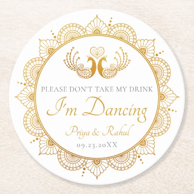 Elegant Gold Pattern Indian Wedding Round Paper Coaster (Front)