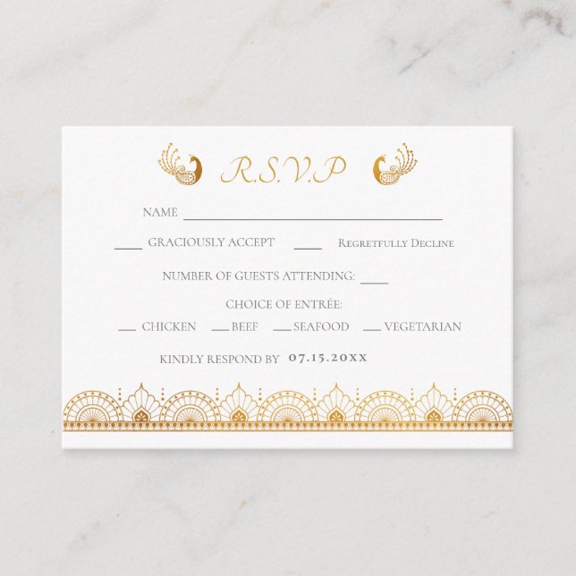 Elegant Gold Pattern Indian Wedding RSVP Enclosure Card (Front)