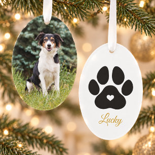 Elegant Gold Paw Print Christmas Dog Photo Name Ornament