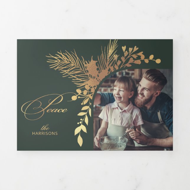 Elegant Gold Peace Calligraphy Botanical Photo Tri-Fold Holiday Card (Cover)