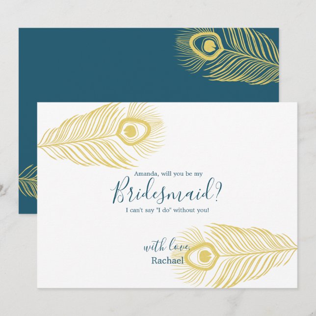 Elegant Gold Peacock Be My Bridesmaid Card (Front/Back)