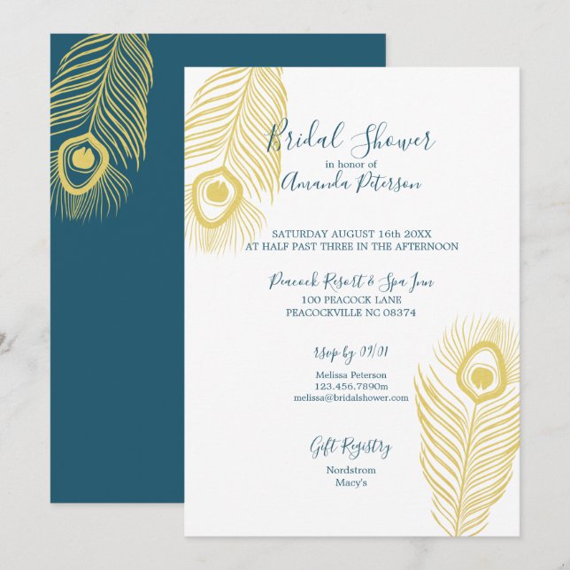 Elegant Gold Peacock Bridal Shower Invitations (Front/Back)