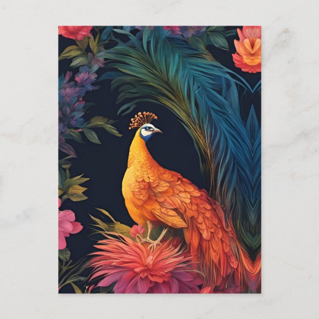 Elegant  Gold Peacock in Colourful Garden Postcard (Front)