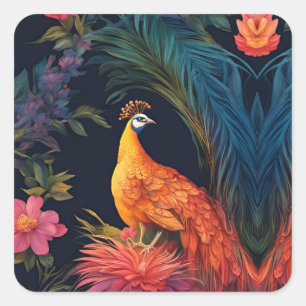 Elegant Gold Peacock in Colourful Garden Square Sticker
