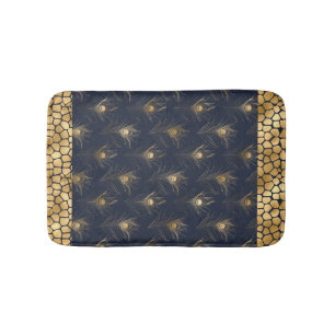 Elegant Gold Peacock Navy Blue Print Stylish Bath Mat