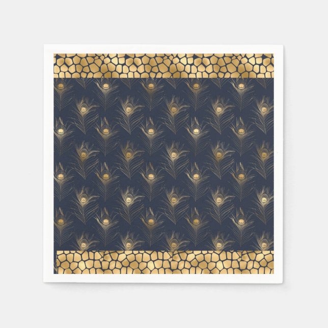 Elegant Gold Peacock Navy Blue Print Stylish Napkin (Front)