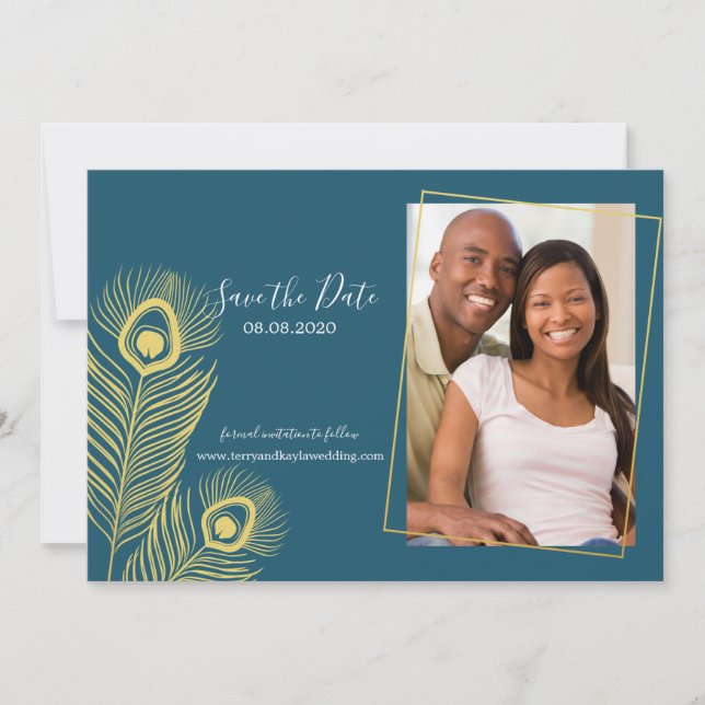 Elegant Gold Peacock Save the Date Wedding (Front)