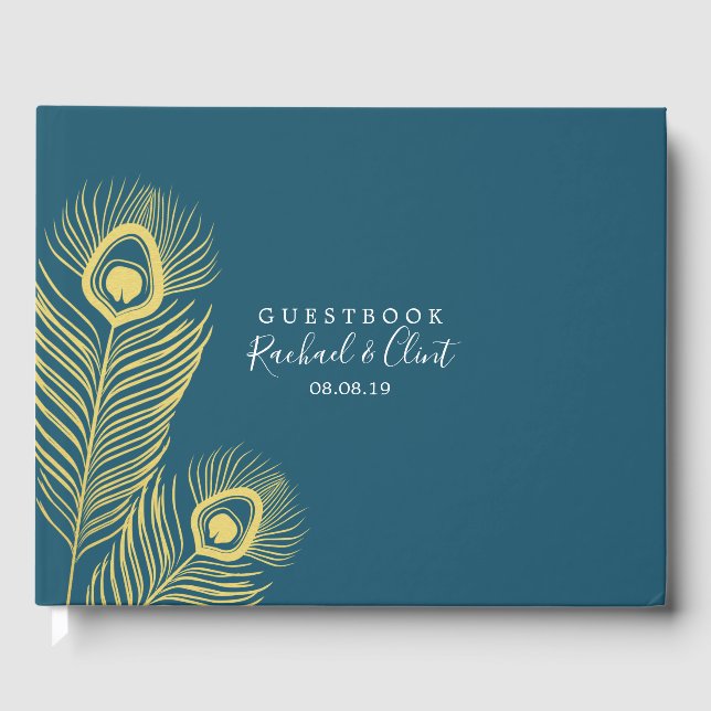 Elegant Gold Peacock Wedding Guestbook (Front)