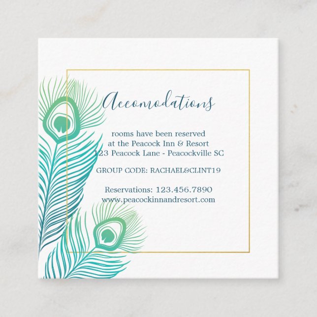 Elegant Gold Peacock Wedding Hotel Accomodations Enclosure Card (Front)