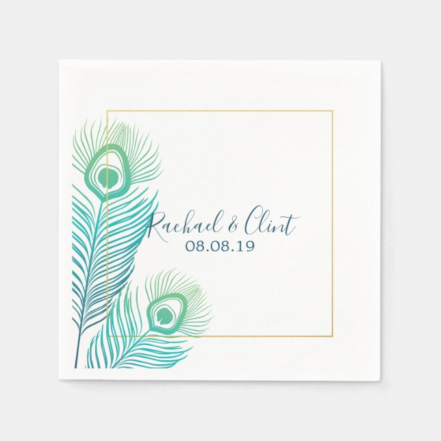 Elegant Gold Peacock Wedding Party Paper Napkins (Front)